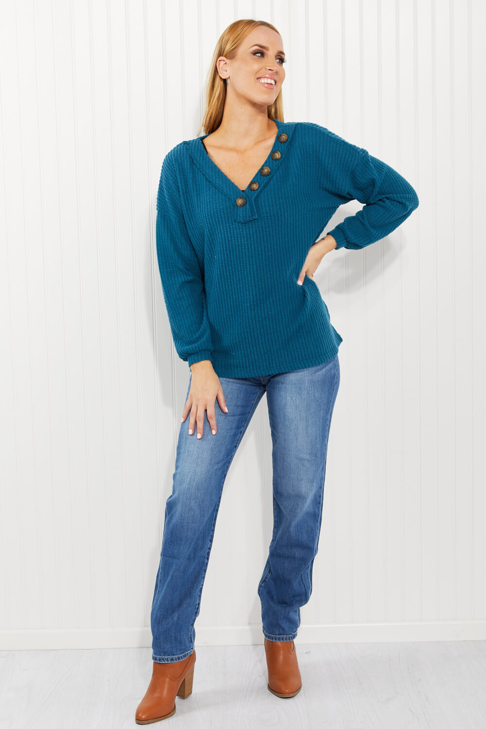 Zenana Full Size Brushed Waffle Knit Henley in Teal