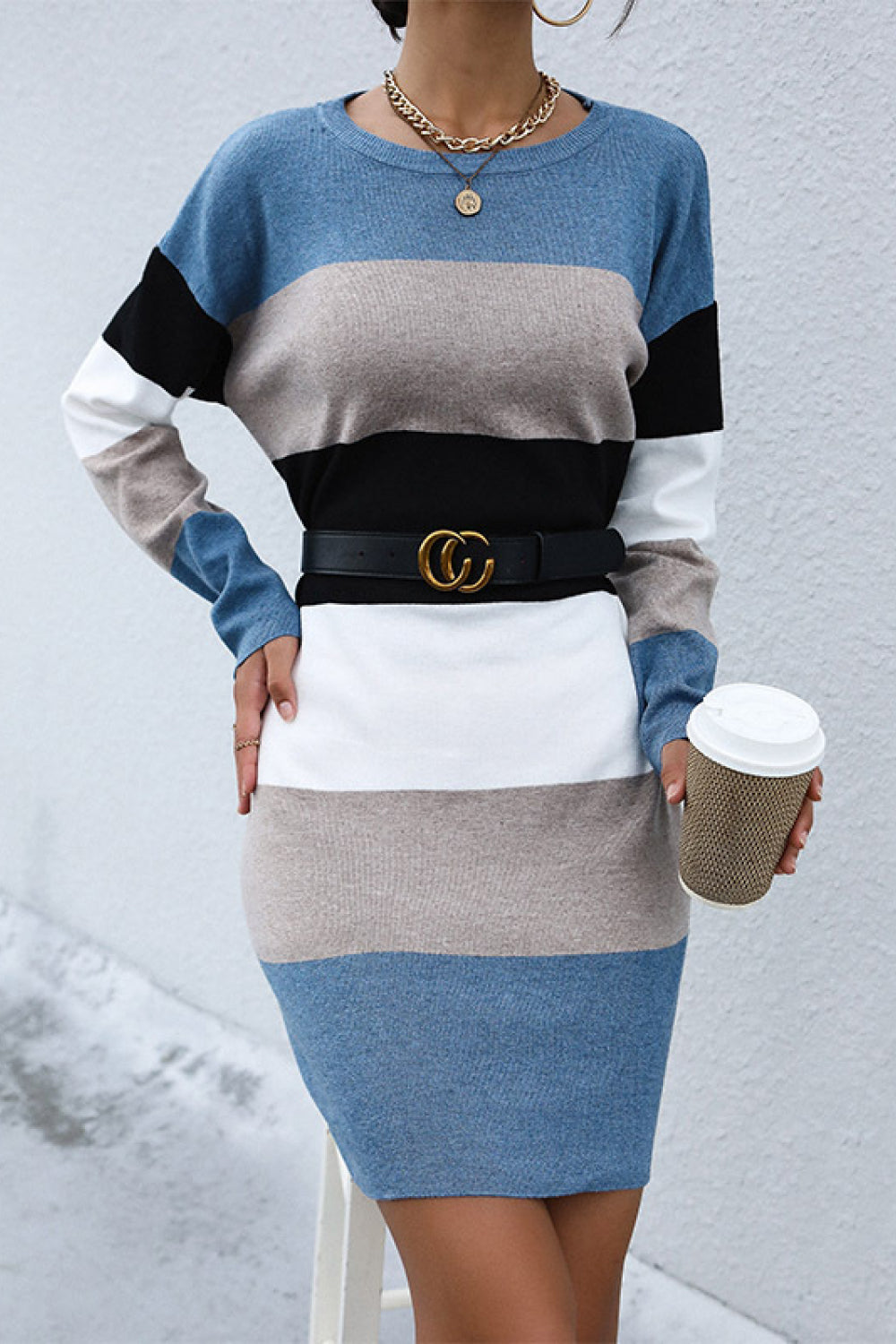 Striped Crewneck Sweater Dress without Belt