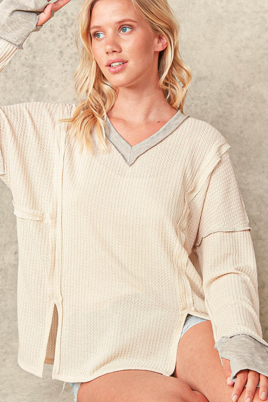 Sugarfox Full Size Contrast Exposed Seam Slit Waffle-Knit Top