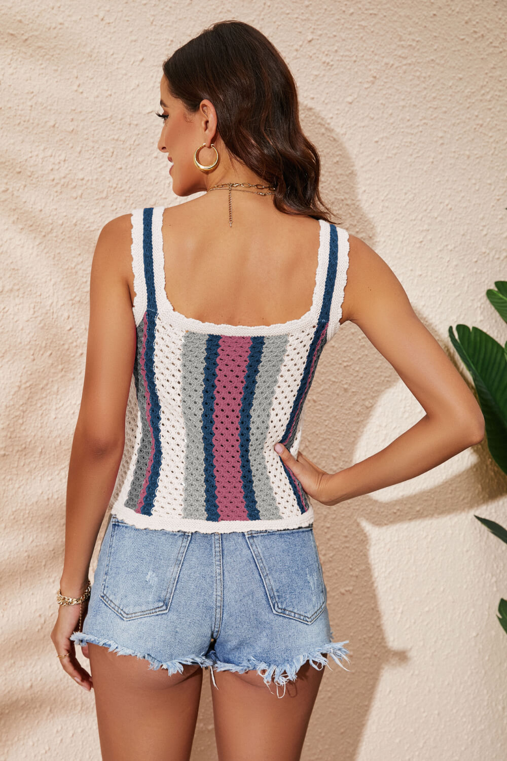 Striped Scalloped Trim Knit Tank