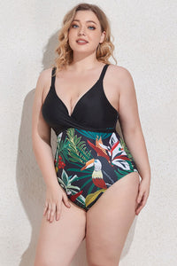 Plus Size Two-Tone Tie Back One-Piece Swimsuit