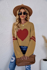 Heart Graphic Long Sleeve Ribbed Trim Sweater