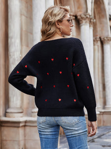 Heart Print V-Neck Dropped Shoulder Sweater