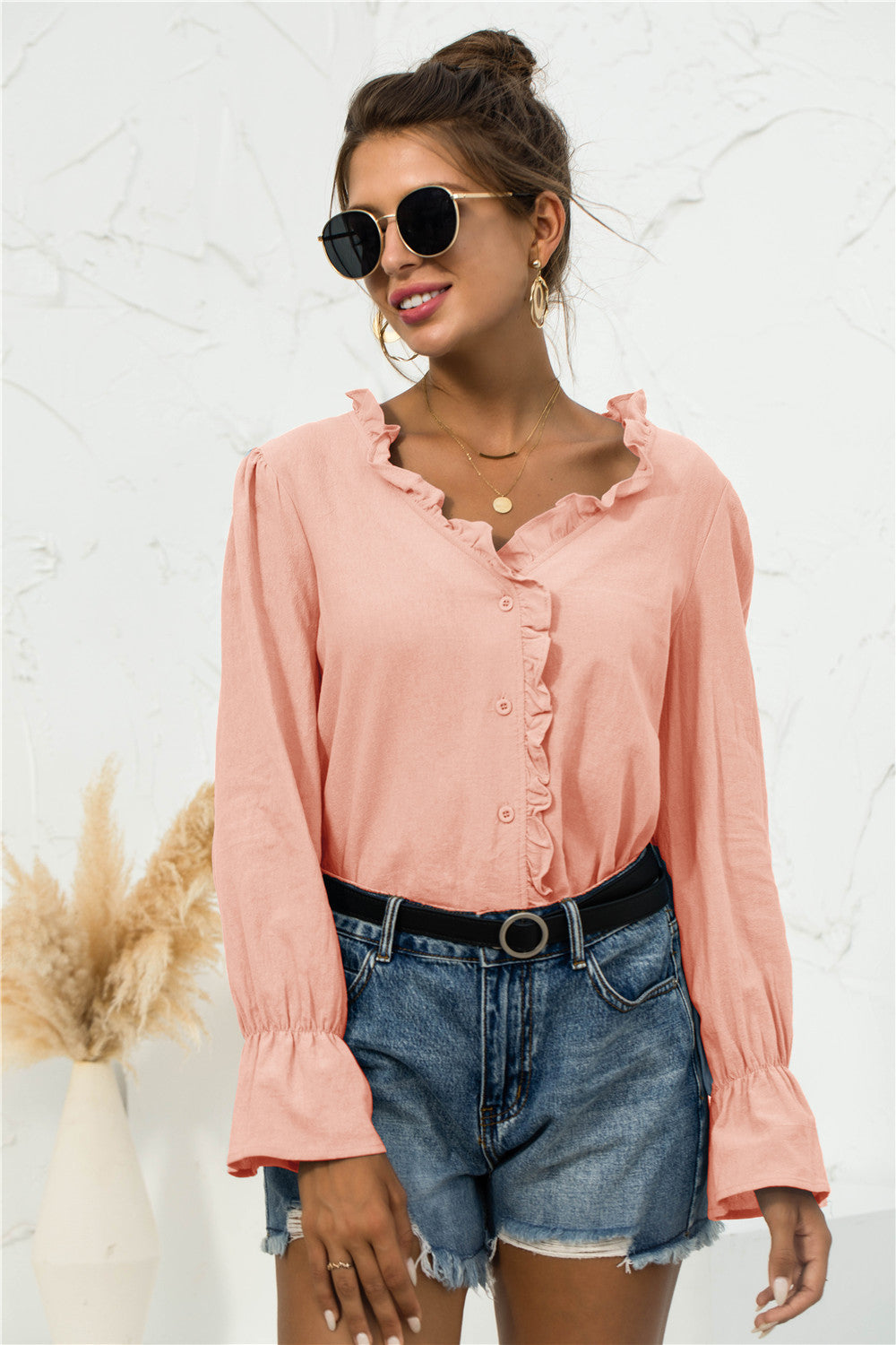 Frill Trim V-Neck Flounce Sleeve Shirt