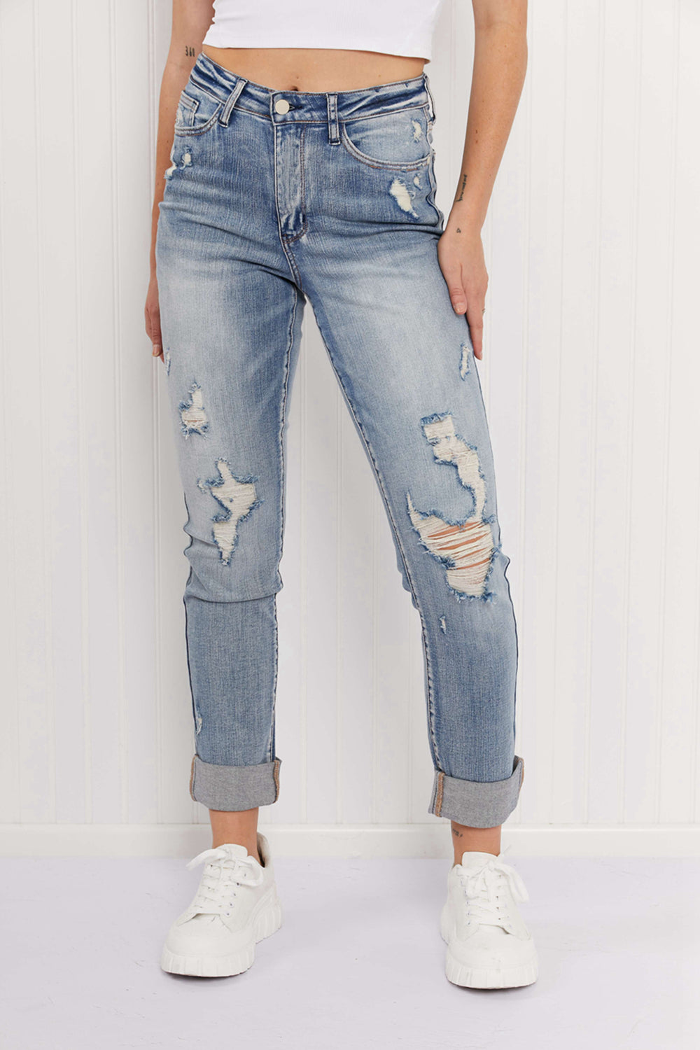 Judy Blue Fiona Full Size Double Cuffed Boyfriend Jeans