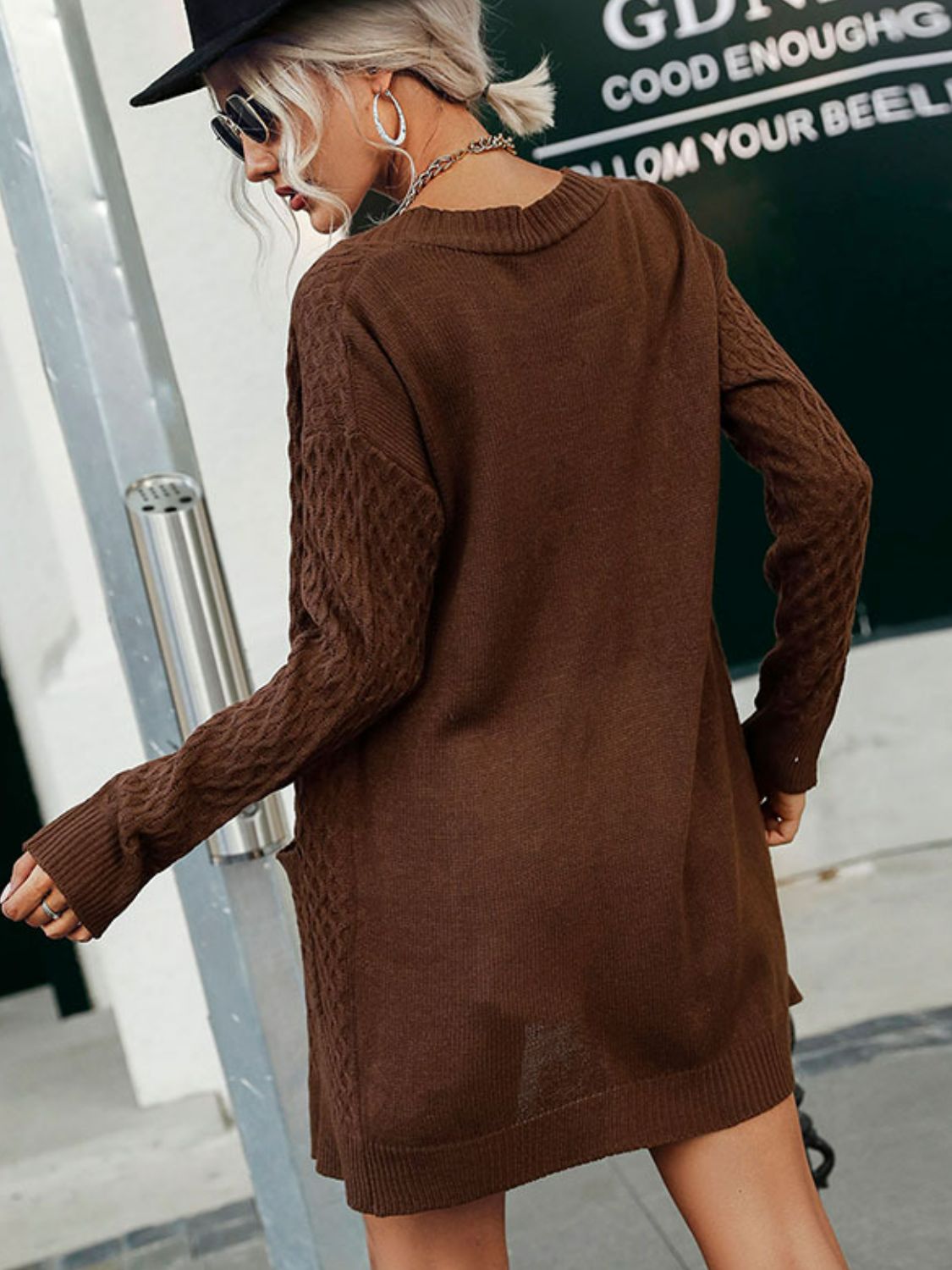 Cable-Knit Open Front Longline Cardigan with Pockets