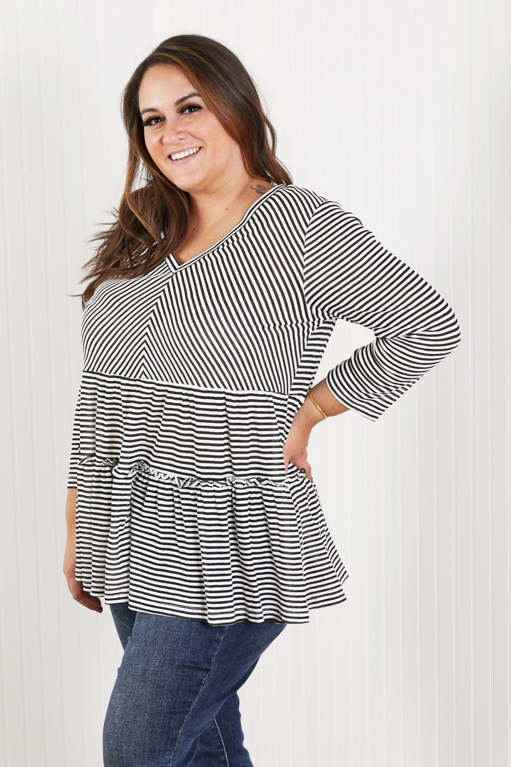 Doe & Rae Full of Love Full Size Striped Tiered Top