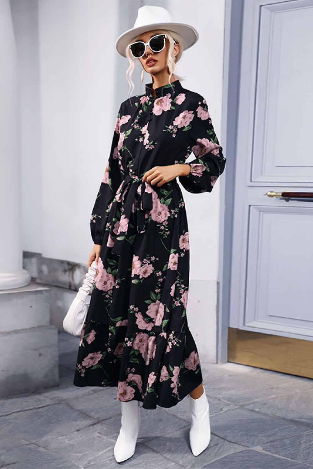 Floral Balloon Sleeve Midi Dress