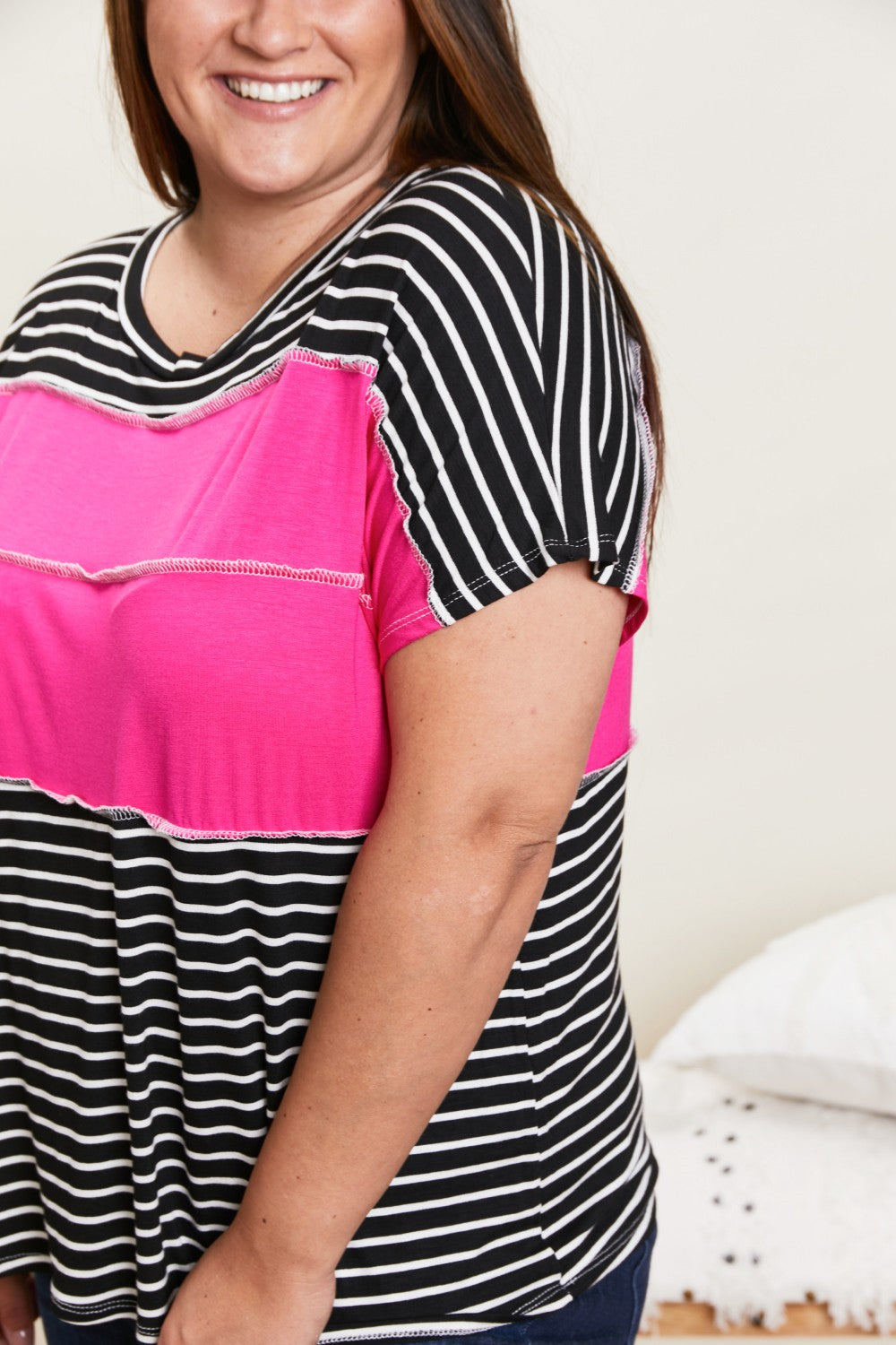 Sew In Love Ideal Date Full Size Color Block Striped Tee in Fuchsia