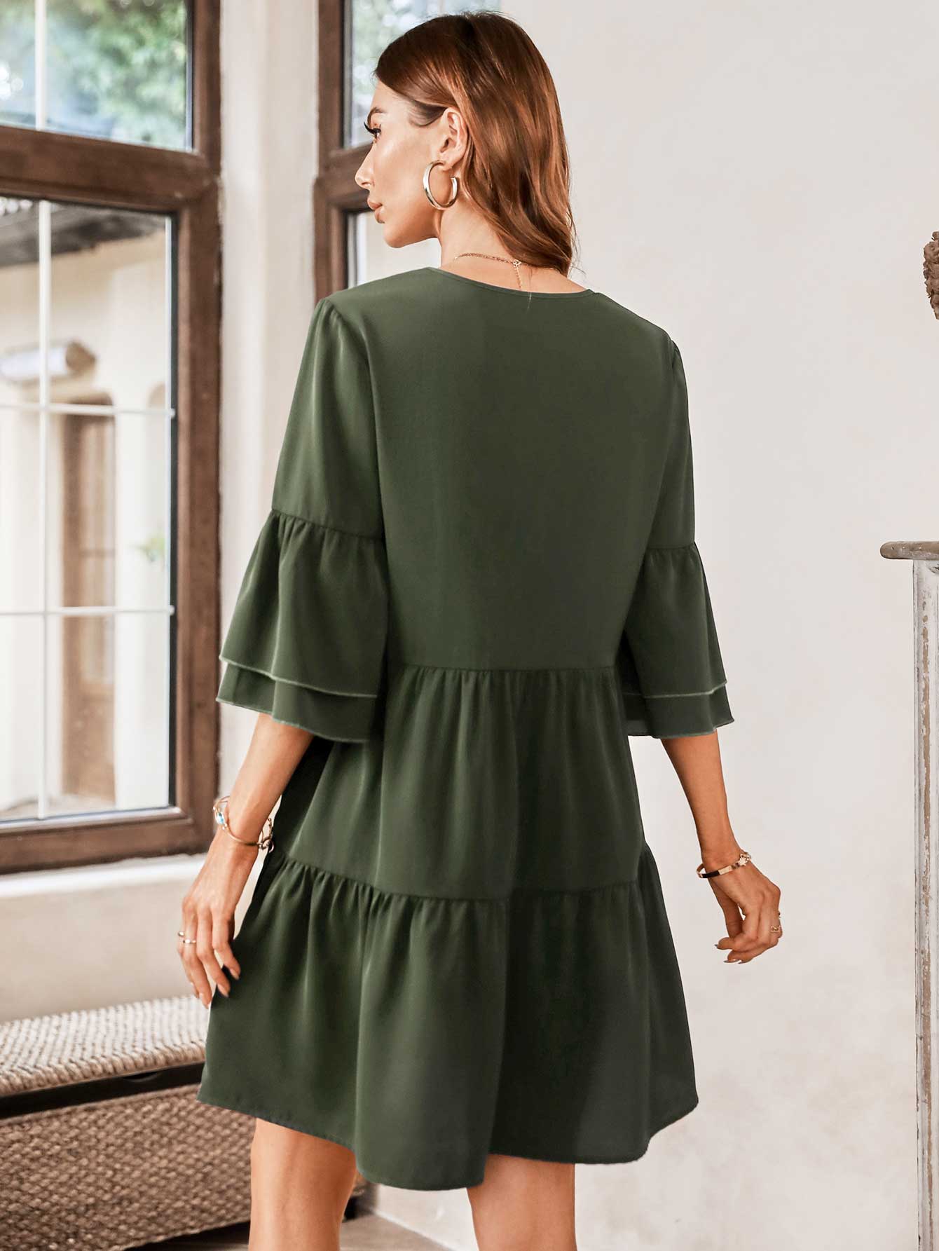 V-Neck Three-Quarter Flounce Sleeve Tiered Dress