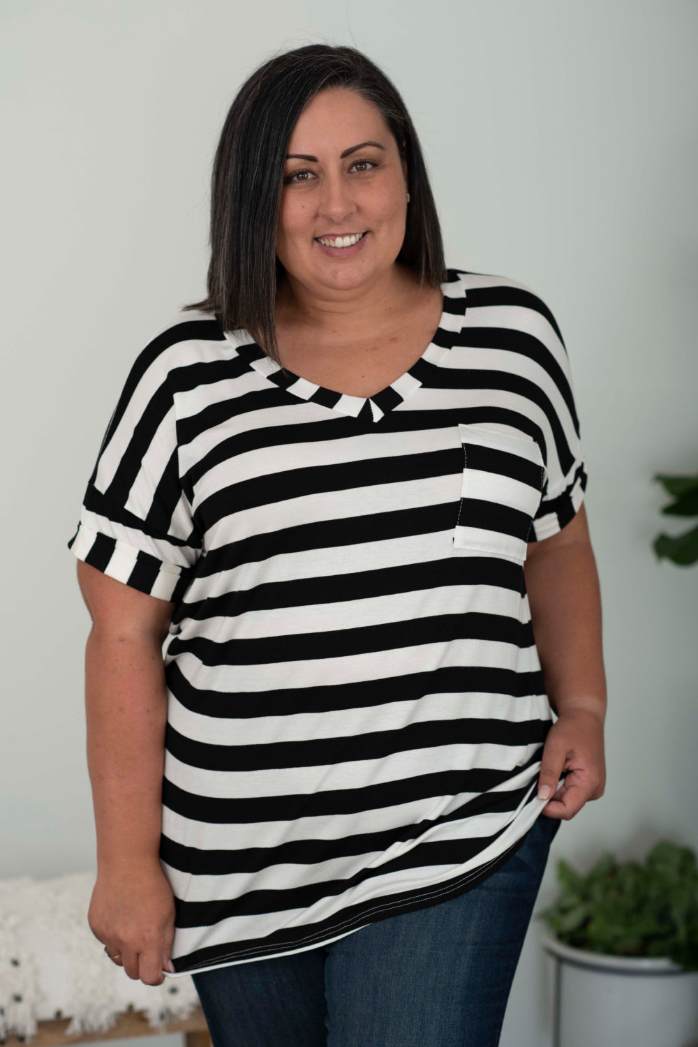 Sew In Love Out and About Full Size Striped Pocket Tee in Black and Ivory