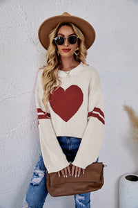 Heart Graphic Long Sleeve Ribbed Trim Sweater