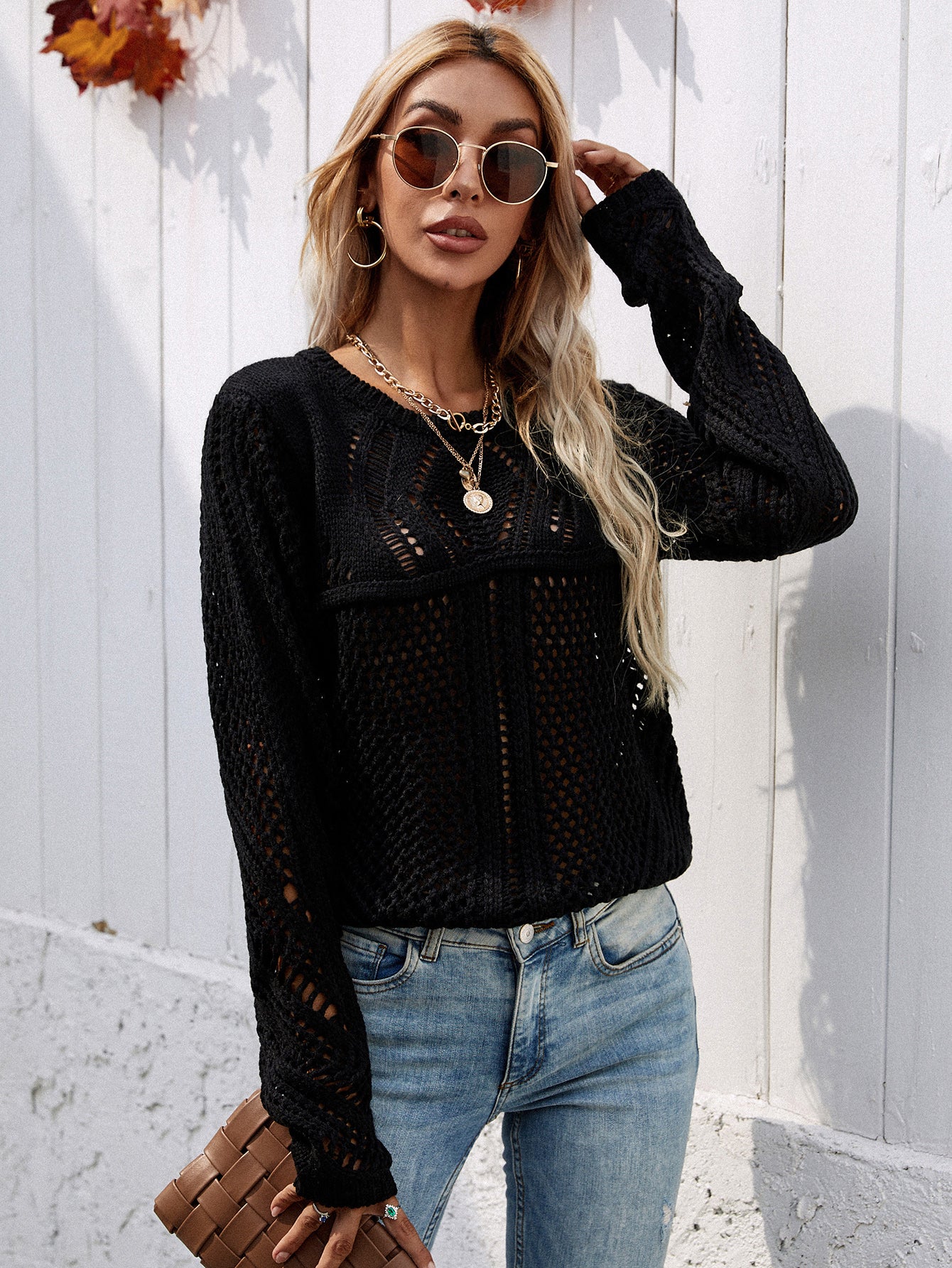 Round Neck Openwork Sweater