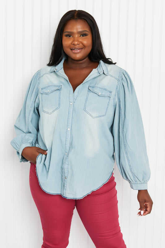 Davi & Dani Sitting Fireside Full Size Button Down Denim Shirt