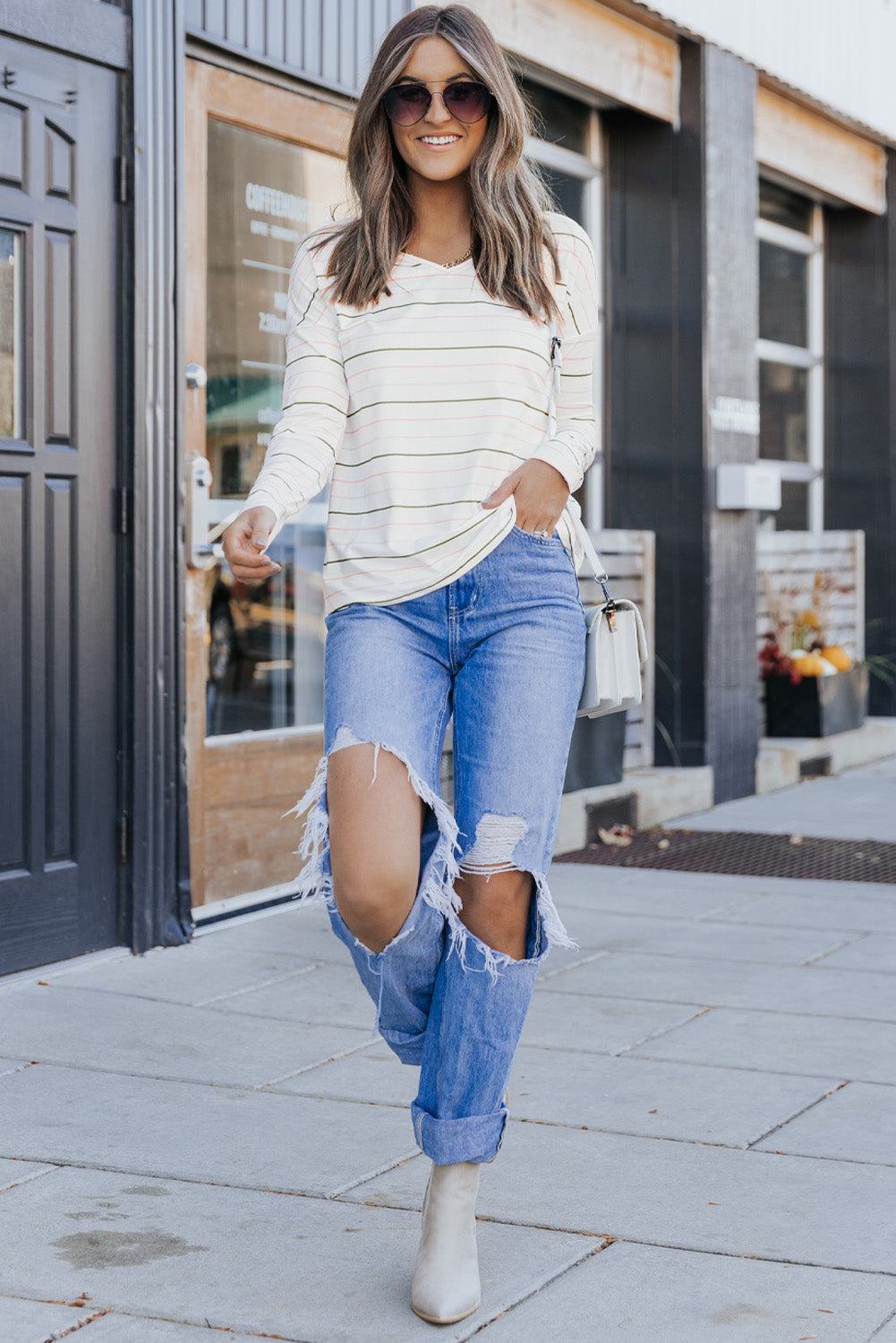 Striped Dropped Shoulder V-Neck Top