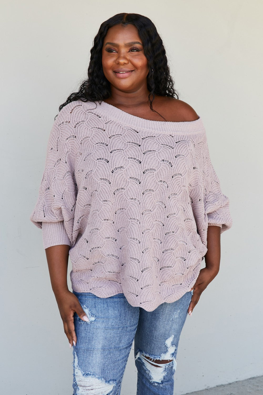 Sweet Lovely by Jen Drift Away Full Size Scallop Sweater