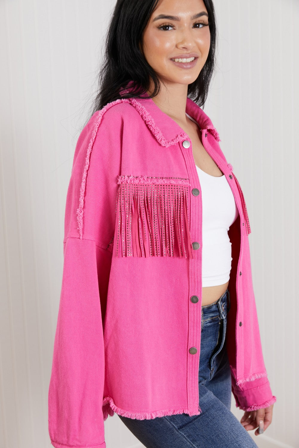 GeeGee Southwest Full Size Rhinestone Fringe Detail Shirt Jacket