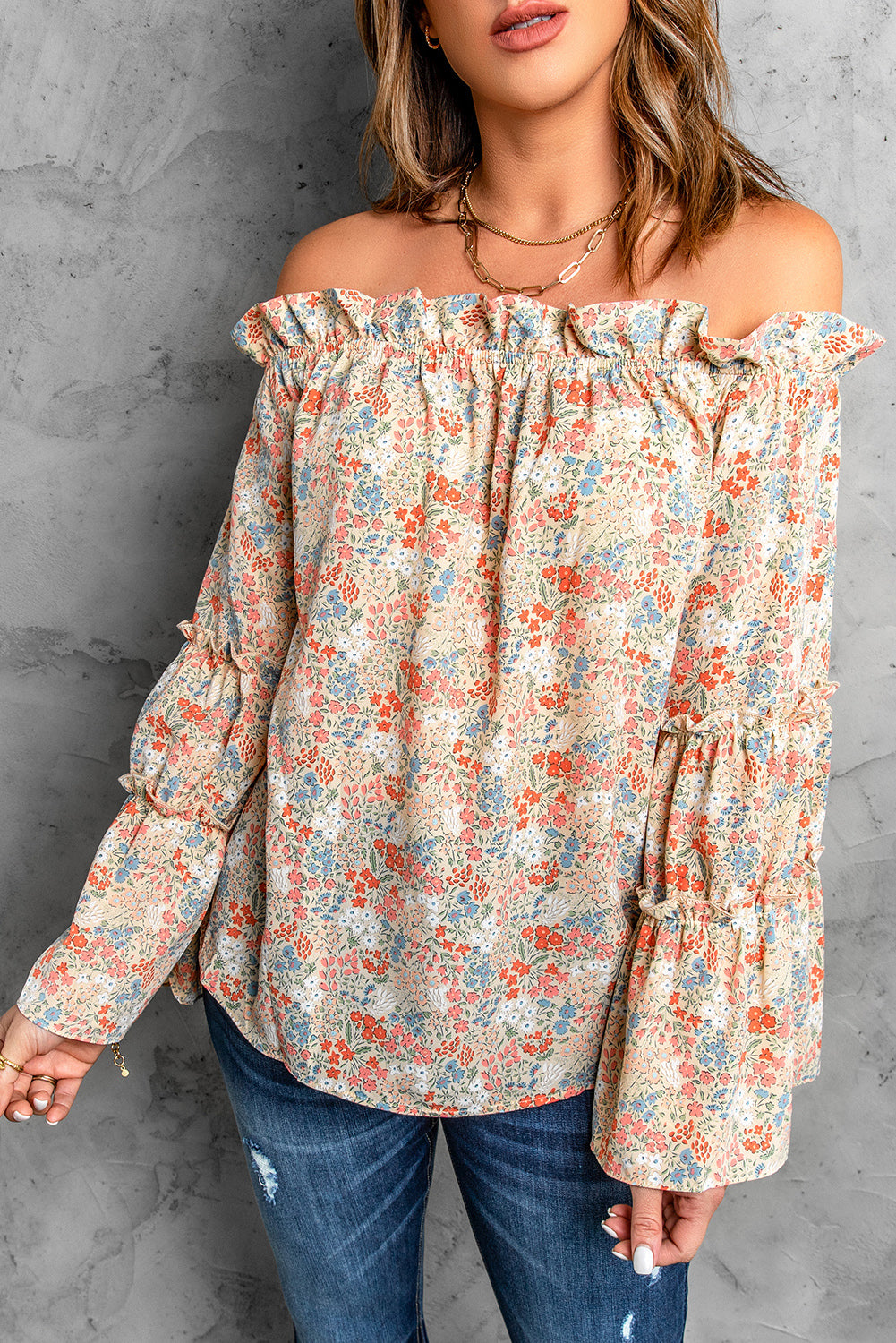 Floral Off-Shoulder Flare Sleeve Blouse