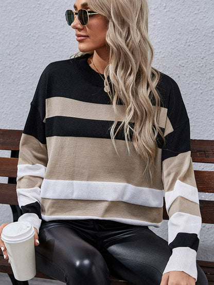 Striped Slit High-Low Dropped Shoulder Sweater