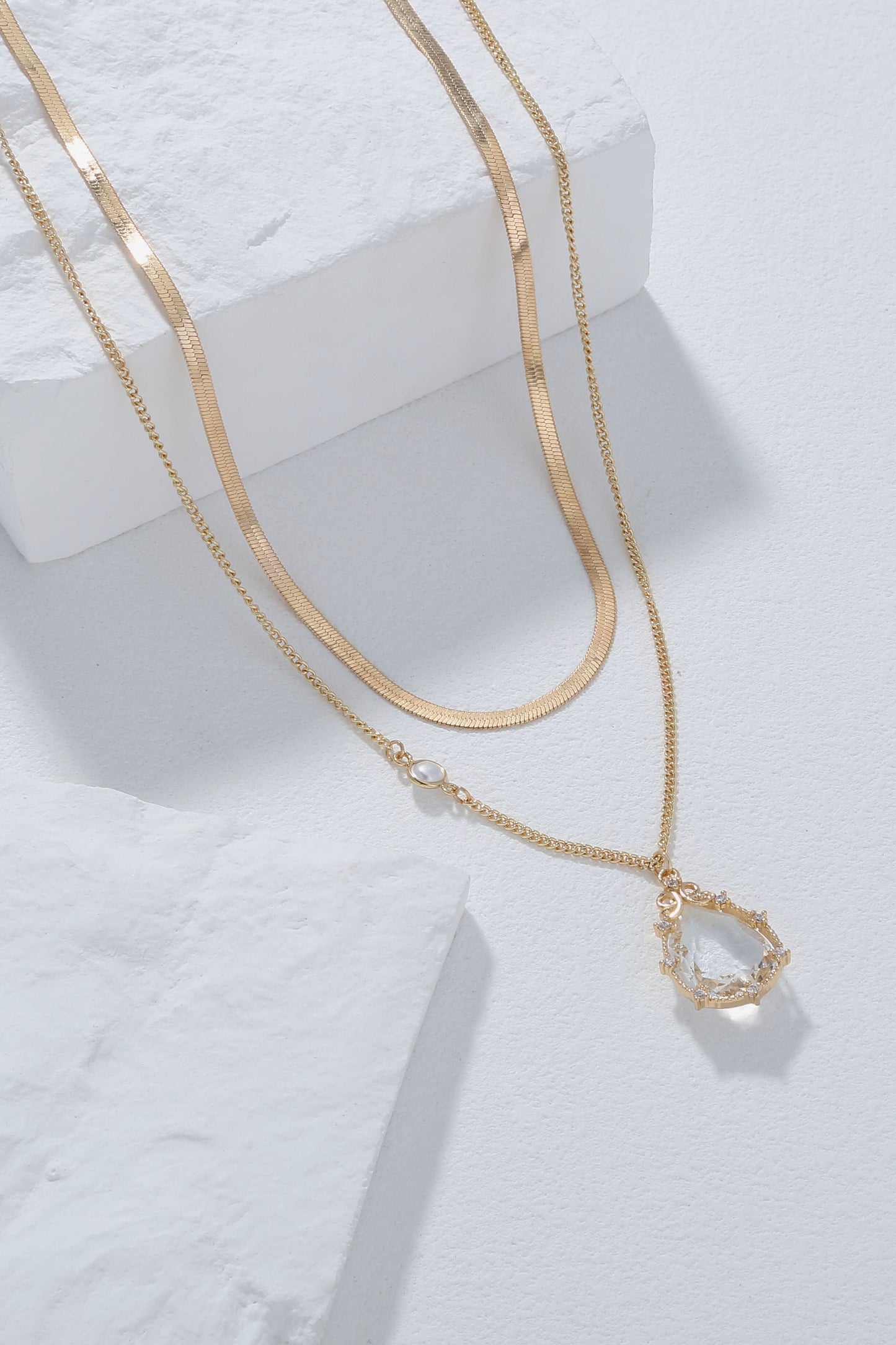 Crystal Pendant and Snake Chain Double-Layered Necklace