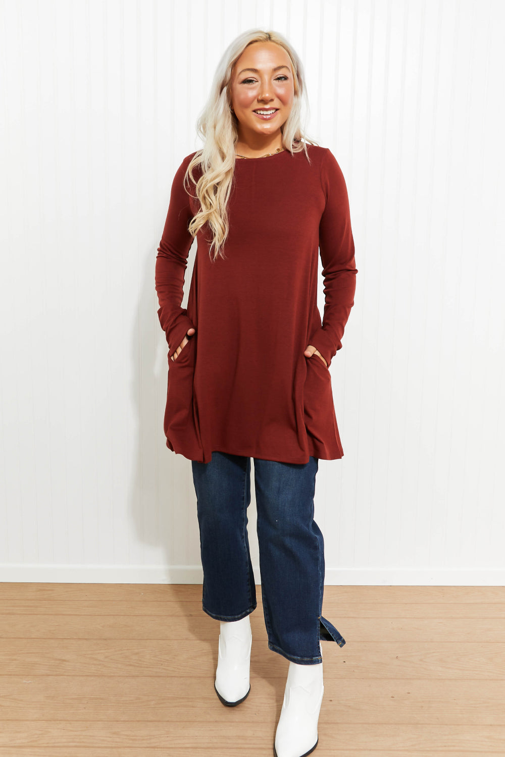 Zenana My Good Side Full Size Flared Tunic Top with Pockets