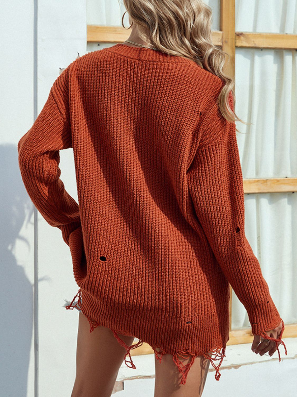 Distressed V-Neck Rib-Knit Sweater