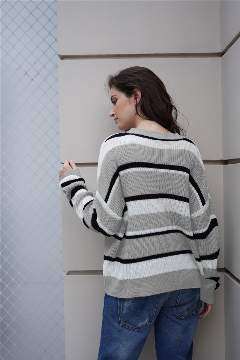 Striped Rib-Knit Round Neck Long Sleeve Sweater