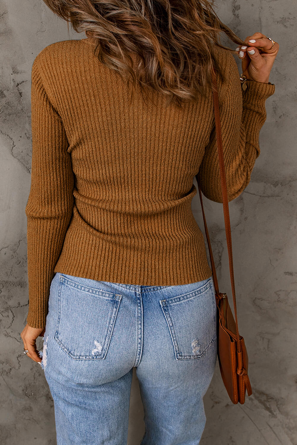 Crisscross Cutout High Neck Rib-Knit Sweater