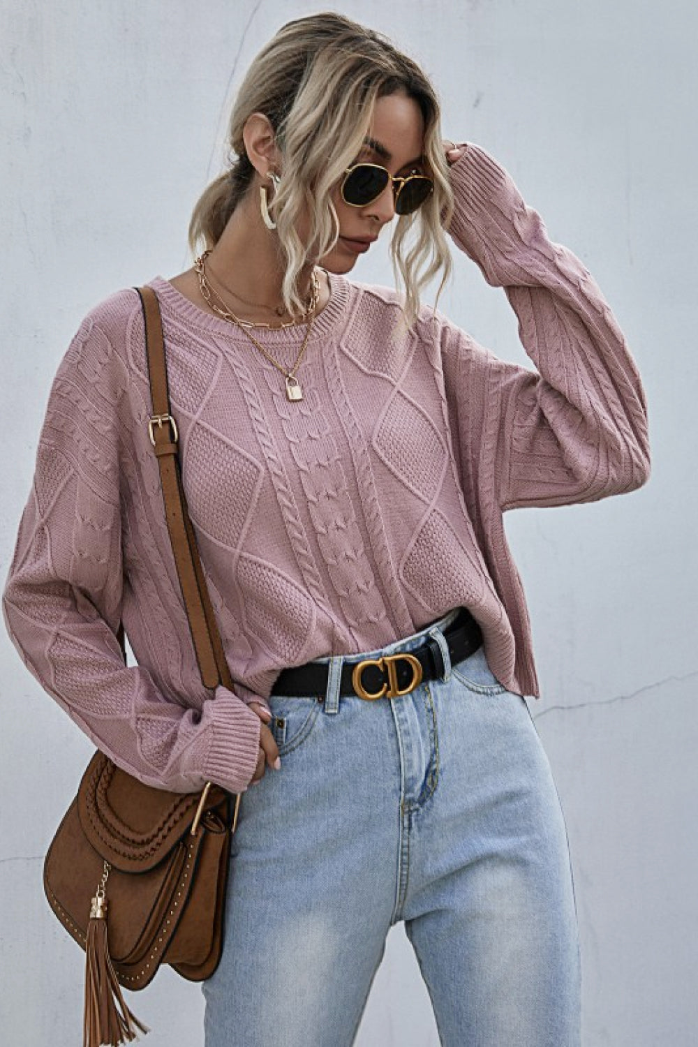 Cable-Knit Dropped Shoulder Cropped Sweater