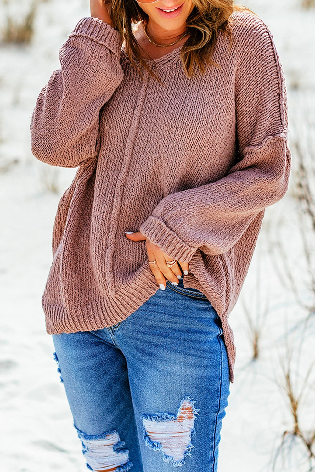 Exposed Seam V-Neck Slit Sweater