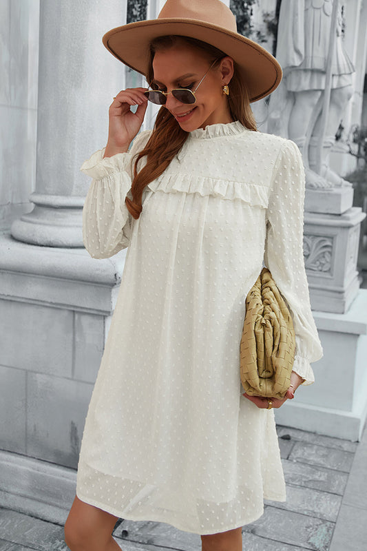 Swiss Dot Frill Trim Long Sleeve Dress