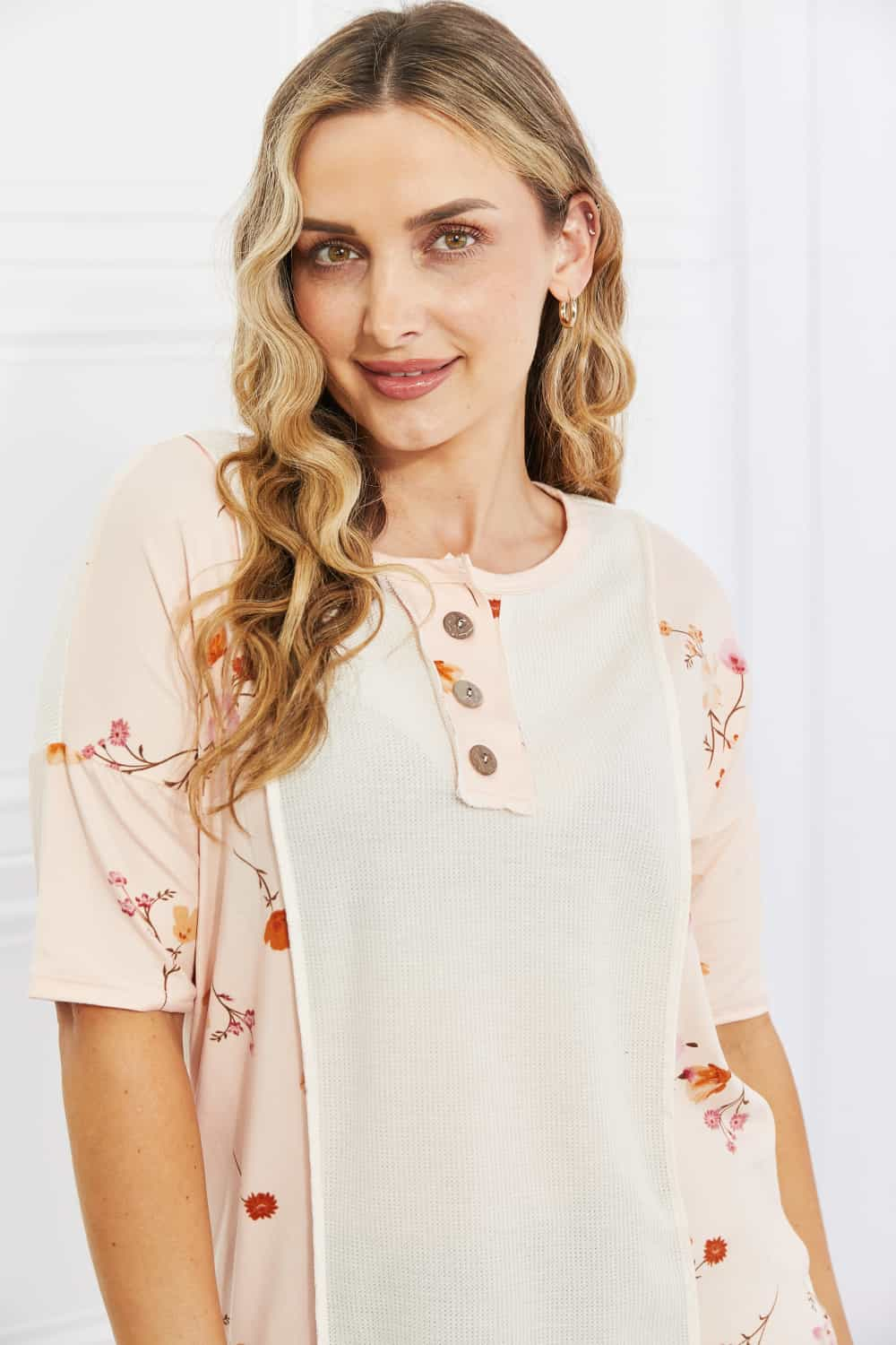 BOMBOM She's Blossoming Floral Contrast Knit Top in Blush