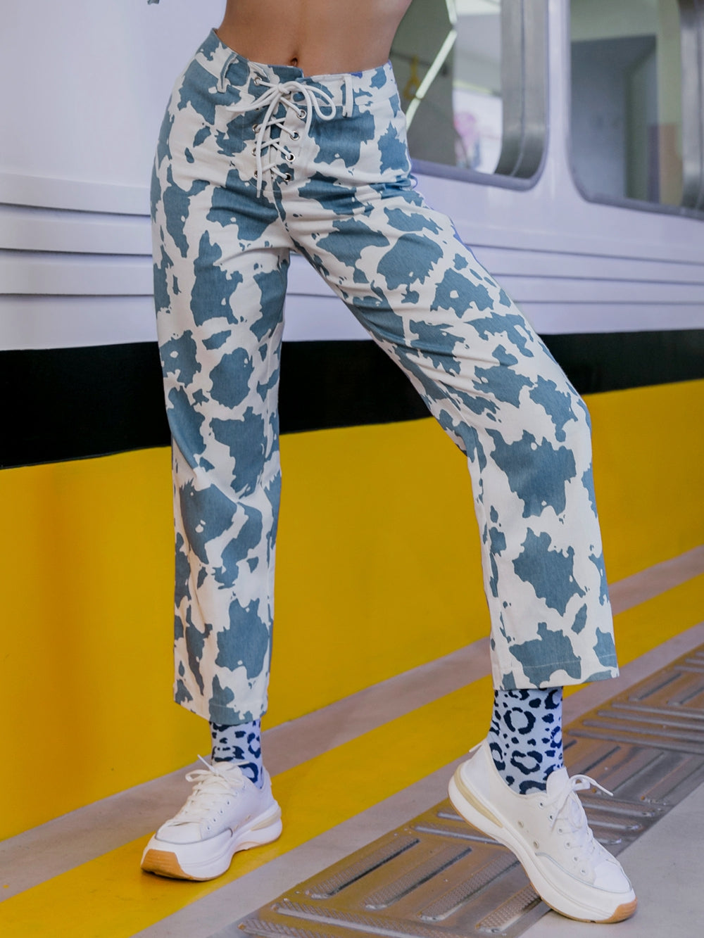 Cow Print Lace-Up Straight Leg Pants