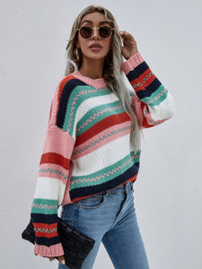 Striped Rib-Knit Dropped Shoulder Sweater