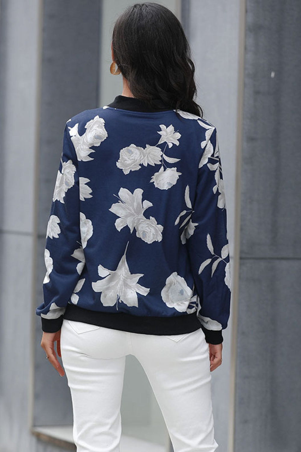 Floral Zip Up Crewneck Bomber Jacket