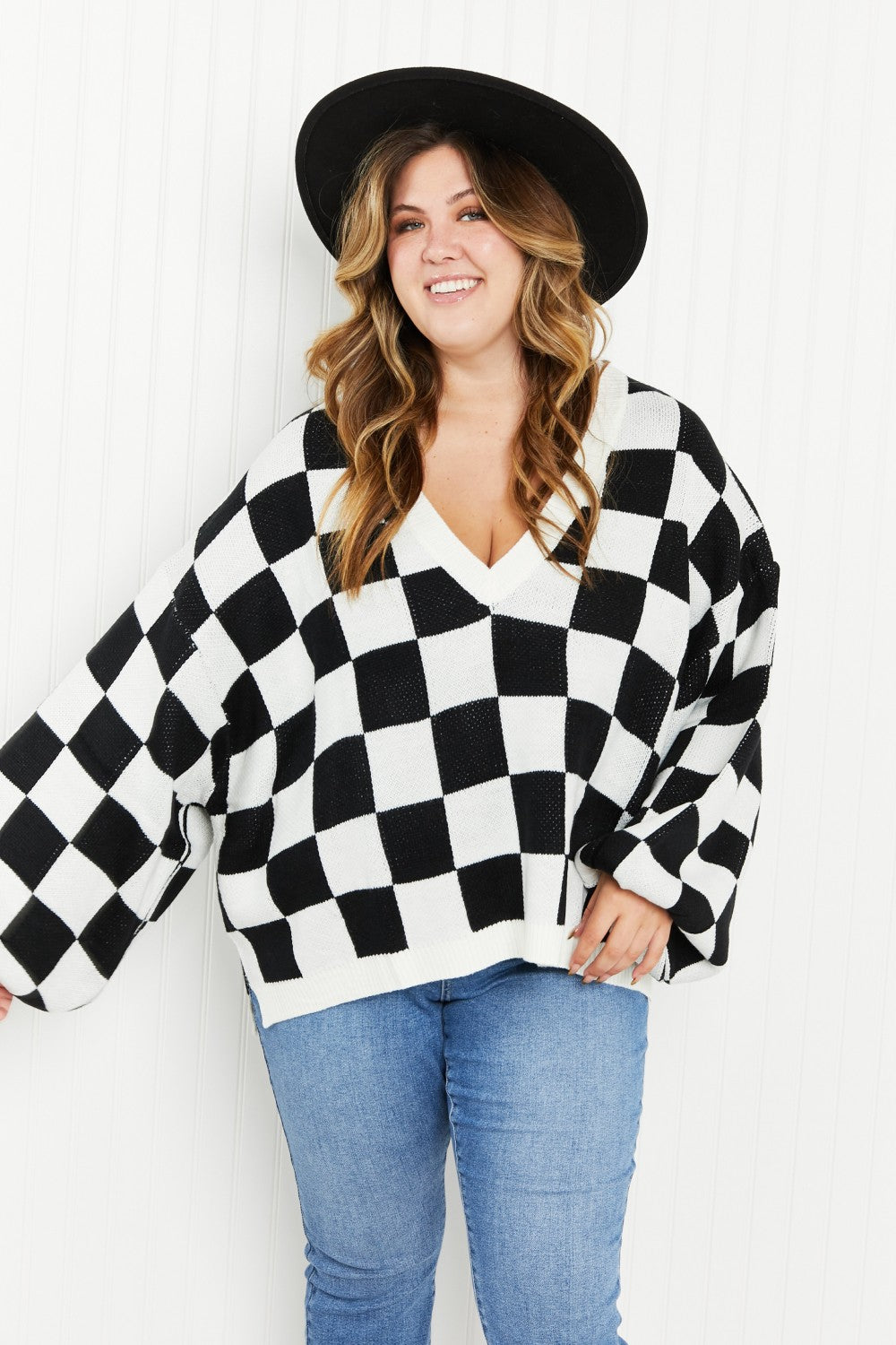 Davi & Dani Reality Check Full Size Checkered V-Neck Sweater