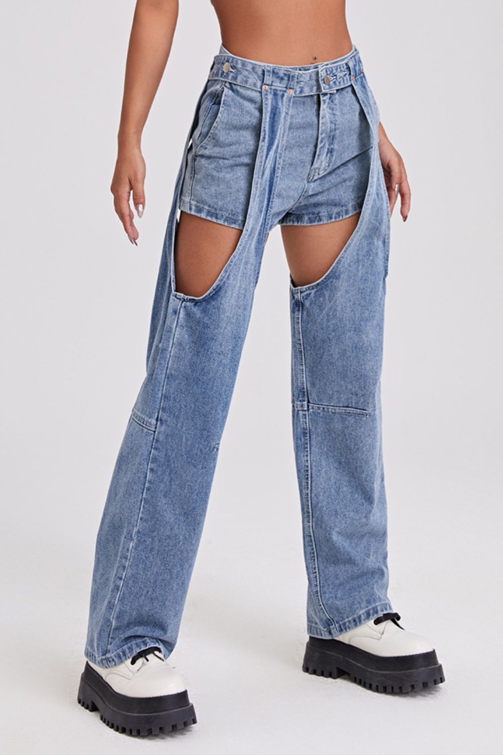 Straight Leg Detachable Jeans with Pockets