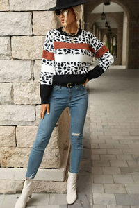 Printed Color Block Round Neck Sweater