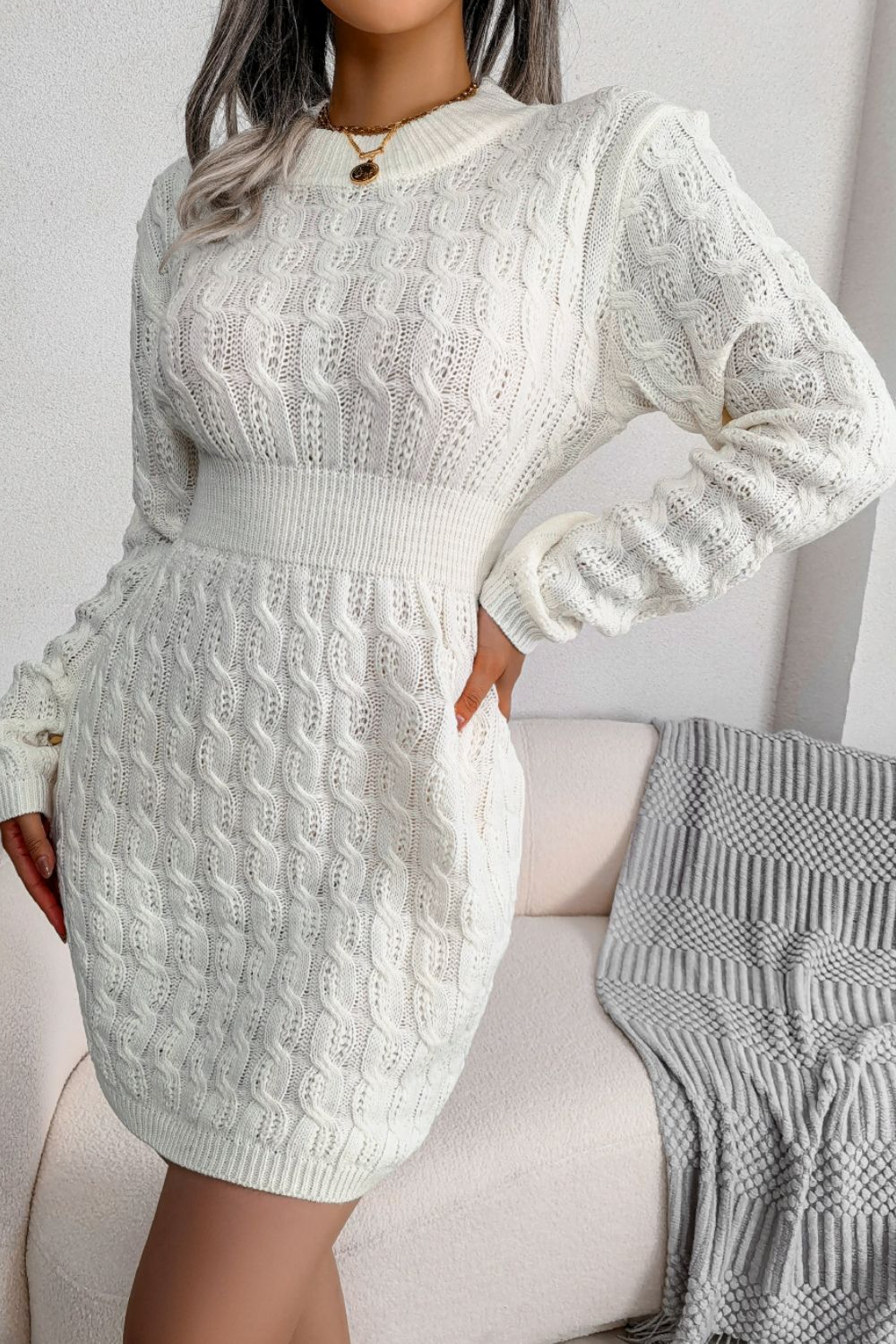 Cable-Knit Long Sleeve Mini Sweater Dress