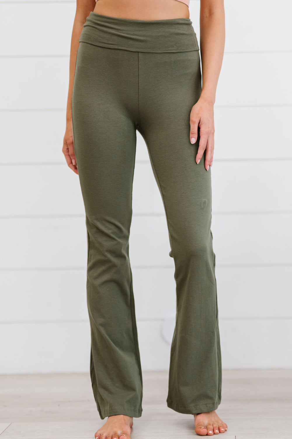 Zenana Keep It Up Full Size Flare Yoga Pants in Light Olive