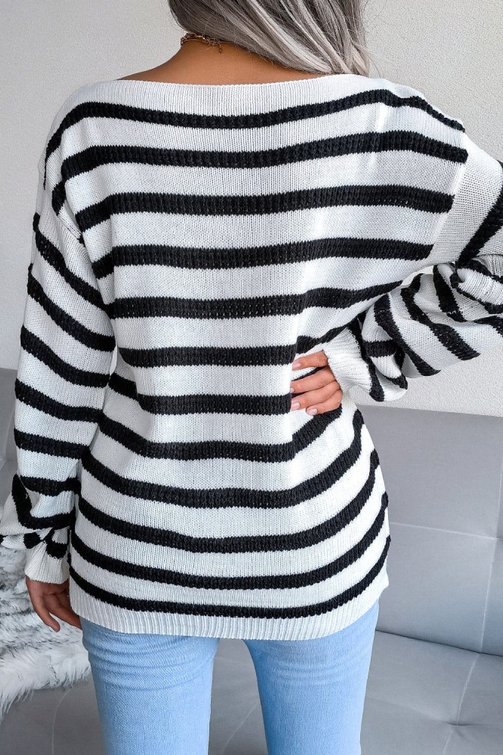 Striped Boat Neck Long Sleeve Sweater