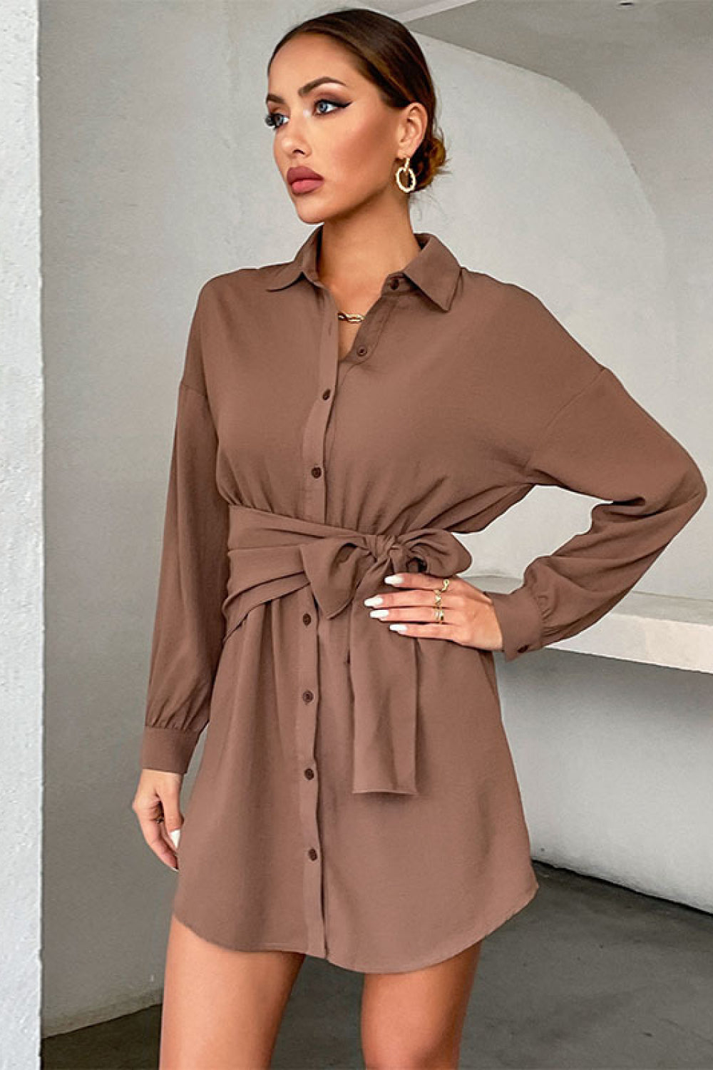 Button Down Tie Waist Mini Shirt Dress