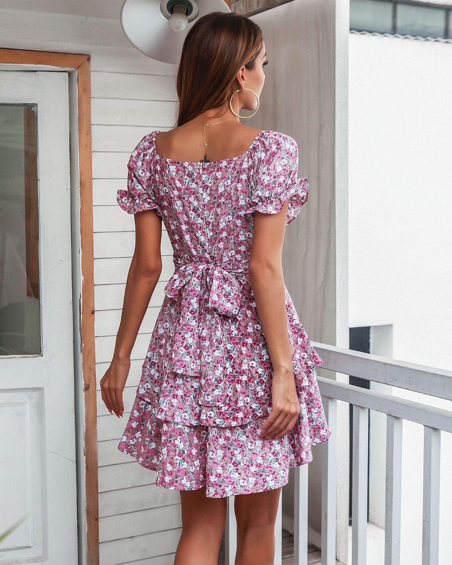 Ditsy Floral Puff Sleeve Layered Mini Dress