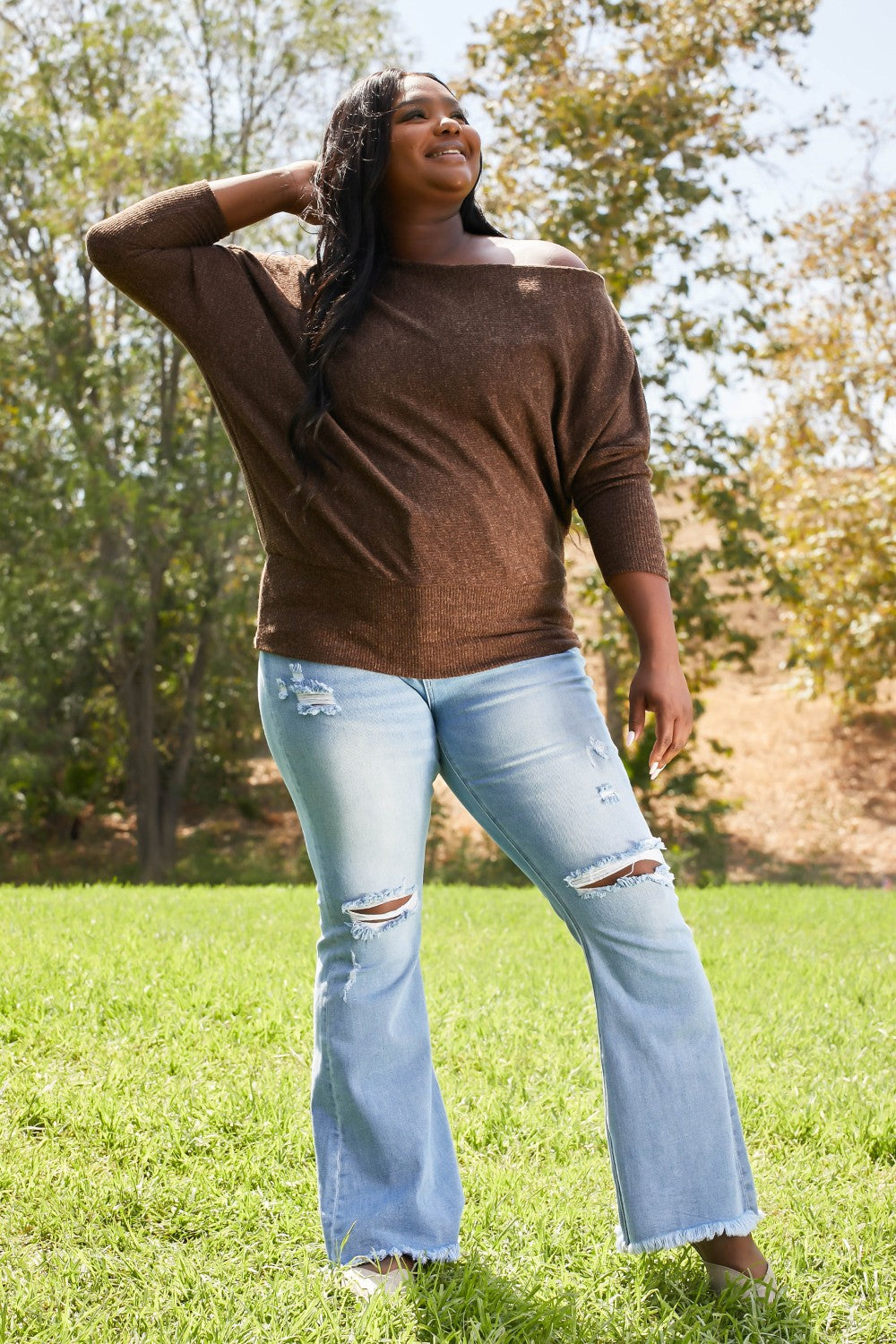 Emerald Collection Making a Move Full Size Ribbed Off-Shoulder Sweater