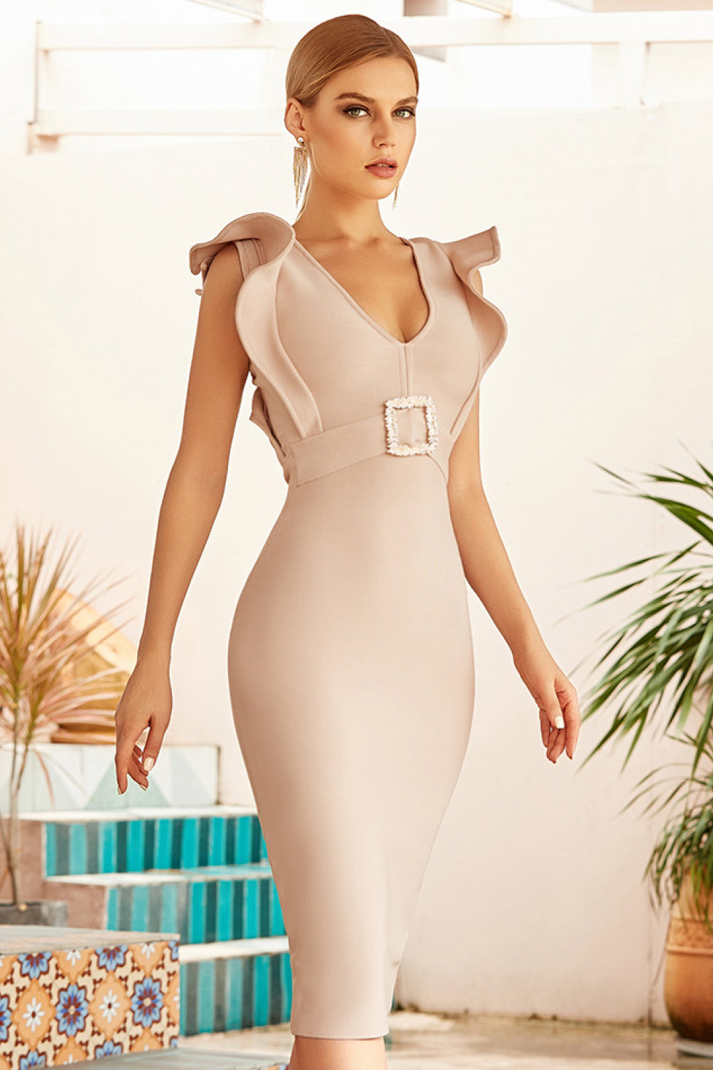 Rhinestone Belt Flutter Sleeve Bodycon Dress