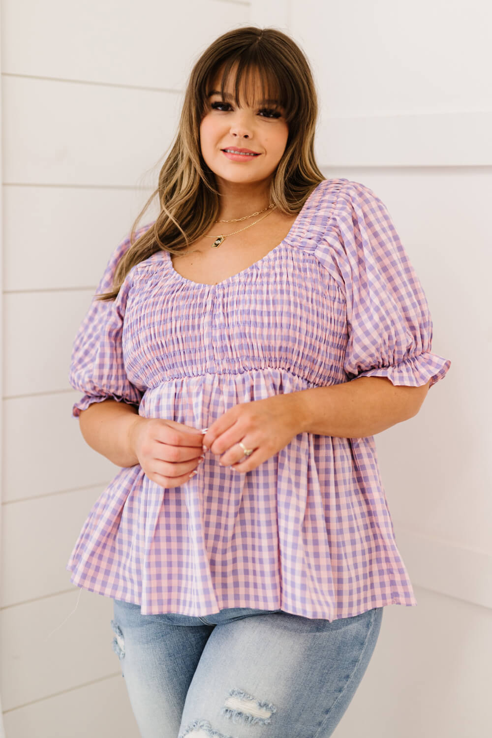 Davi & Dani Youthful Days Full Size Run Gingham Smocked Babydoll Top