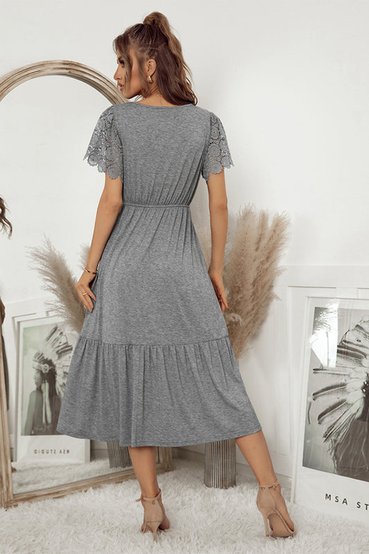 Lace Sleeve Tiered Midi Dress with Button Detail