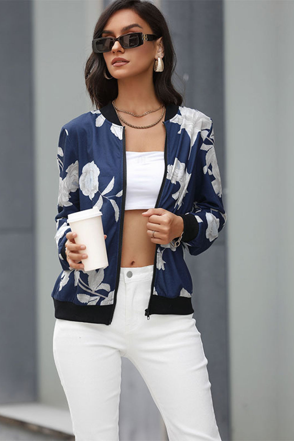 Floral Zip Up Crewneck Bomber Jacket