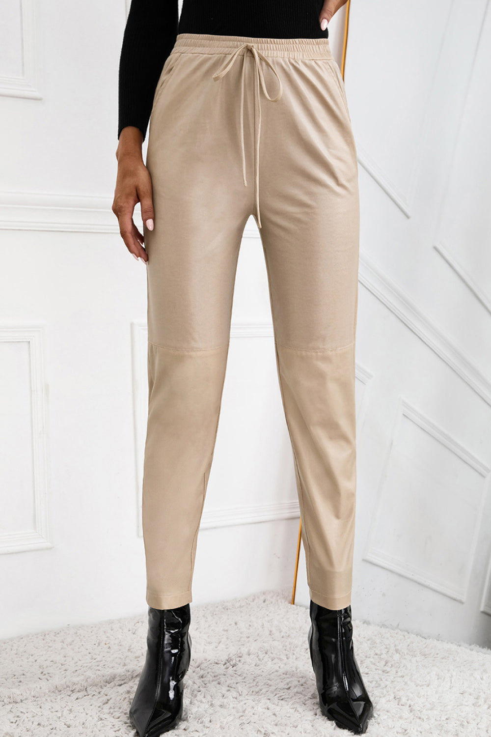 Seamed Elastic Waist PU Leather Pants