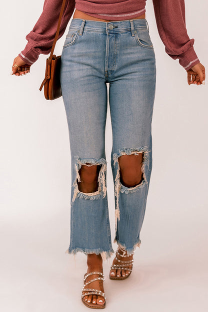 Distressed Frayed Hem Jeans with Pockets